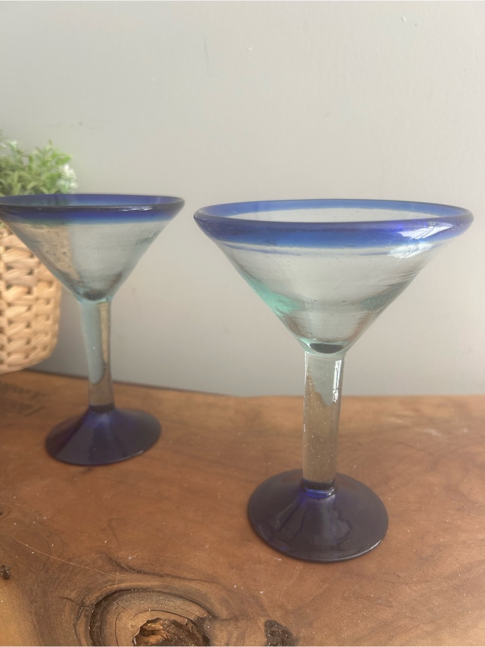 Hand-Blown Mexican Blue Rim Margarita martini Glass - Set of 2